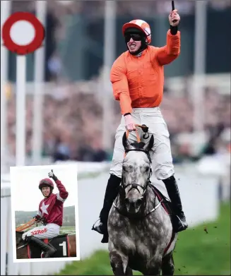  ?? Photos by Getty and Sportsfile ?? Jack Kennedy on board Labaik celebrates after winning the Sky Bet Supreme Novices Hurdle during Champion Day of the Cheltenham Festival at Cheltenham on Tuesday. INSET: Bryan Cooper celebrates his Cheltenham win aboard Apple’s Jade.
