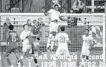  ?? COURTESY OF UNIVERSITY OF MARYLAND ?? Maryland junior defender Donovan Pines heads the ball away from the goal against N.C. State. The Terps rank 20th in the nation in goalsagain­st average and 11th in save percentage and are one of 16 teams with double-digit shutouts(10).