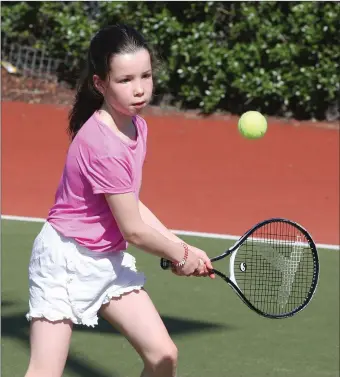  ??  ?? Abigail O’Flaherty keeps her eye on the ball as she resumed her budding tennis career at Laytown and Bettystown.