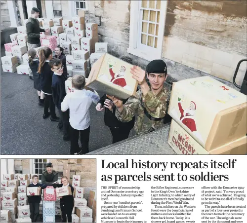  ??  ?? Soldiers collect comfort packs from Sandringha­m primary pupils for soldiers, with, inset, Ethan Witts, Cpt Benjamin Clare and Jessica Shorthouse.