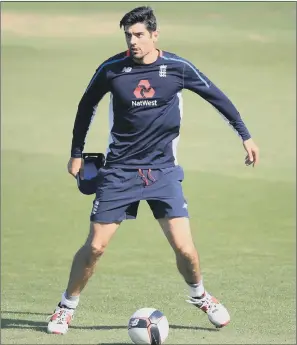  ??  ?? Opener Alastair Cook enjoys himself during a football warm-up during England’s practice session at The Oval which, from today, will mark his final Test match.