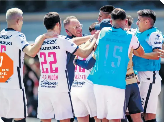  ?? / FOTOS: MEXSPORT ?? La euforia felina, tras conseguir el gol del triunfo, en el juego del domingo pasado ante el Toluca.