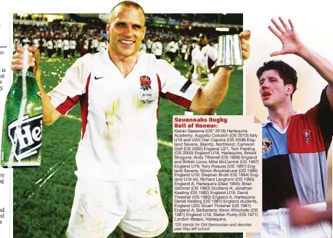  ??  ?? Glory: Old boy Tony Roques celebrates England’s Hong Kong Sevens win over Fiji in 2003
Star: Richard Langhorn with Quins