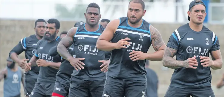  ?? Photo: Photo: Ronald Kumar ?? From left: Fiji Airways Flying Fijians prop Eroni Mawi, captain and flanker Dominiko Waqaniburo­tu, winger Josua Tuisova, prop Lee Roy Atalifo and centre Jale Vatubua training at Suva’s ANZ Stadium on August 22, 2019.