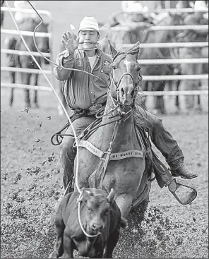  ?? Arkansas Democrat-Gazette/MITCHELL PE MASILUN ?? Myles Neighbors of Benton competes in the boys ages 16-19 tie-down event during Saturday’s youth rodeo competitio­n in Conway.