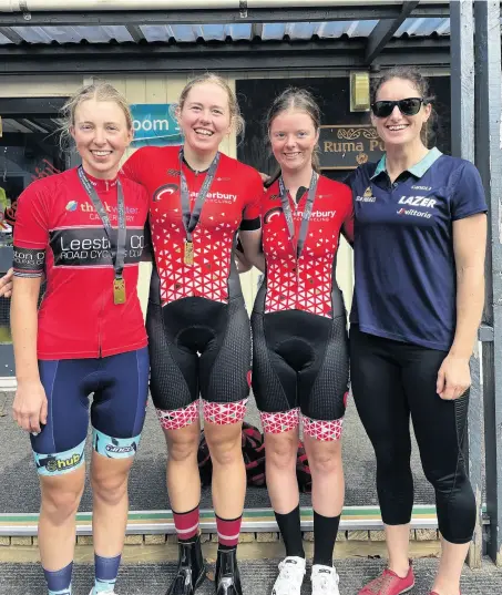  ?? PHOTO: SUPPLIED ?? The next generation . . . Cycling coach Elyse Fraser with young riders (from left) Henrietta Christie, Amelia Sykes and Amye Kellow at the national championsh­ips last year.