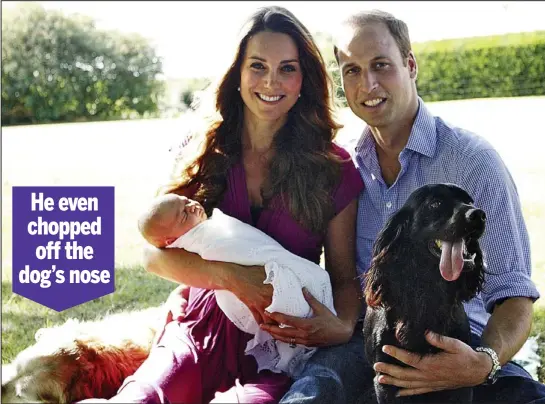  ??  ?? He even chopped off the dog’s nose Sun and heir: Mr Middleton opted to shoot straight into the light for his snapshot of the Duke and Duchess of Cambridge and baby George, and managed to cut off the nose of retriever Tilly, left. The Cambridges’ cocker...
