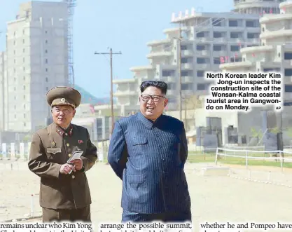  ?? AP ?? North Korean leader Kim Jong-un inspects the constructi­on site of the Wonsan-Kalma coastal tourist area in Gangwondo on Monday.