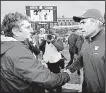  ?? AP file photo ?? Washington State Coach Mike Leach (left) gave a reporter marriage advice earlier this week after a practice in Pullman, Wash. Leach and the Cougars face Coach Chris Petersen (right) and the Washington Huskies on Saturday in the Apple Cup at Husky...