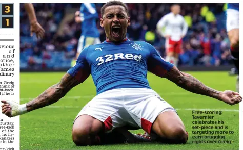  ??  ?? Free-scoring: Tavernier celebrates his set-piece and is targeting more to earn bragging rights over Greig