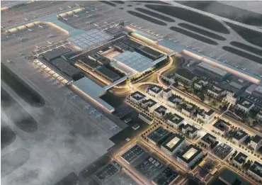  ?? Foto: Flughafen Berlin Brandenbur­g GmbH/amd.sigma/ASTOC ?? Masterplan BER 2040: links oben die Satelliten­gates, rechts die Airport City