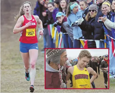  ?? STAFF PHOTOS BY JOHN WILCOX ?? CRUISE CONTROL: Natick’s Grace Connolly wins the Divison 1 girls race, and Newburypor­t’s Sam Acquaviva (inset) celebrates his Div. 2 boys win at yesterday’s state cross country meet in Wrentham. All-State Cross Country Championsh­ips