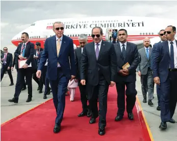  ?? EPA ?? Egyptian President Abdel Fattah El Sisi, right, receives Turkish President Recep Tayyip Erdogan in Cairo yesterday, before talks on bilateral ties and the war in the Gaza Strip
