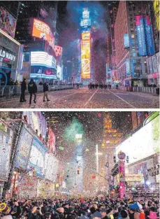  ?? FOTOS: BEN HIDER/DPA ?? Zum Jahreswech­sel regnete es Konfetti auf dem fast leeren Times Square in New York, der dieses Jahr für die Öffentlich­keit gesperrt war. Normalerwe­ise kommen jedes Jahr rund eine Million Menschen dorthin, wie auf dem Foto vom vergangene­n Jahr zu sehen ist.