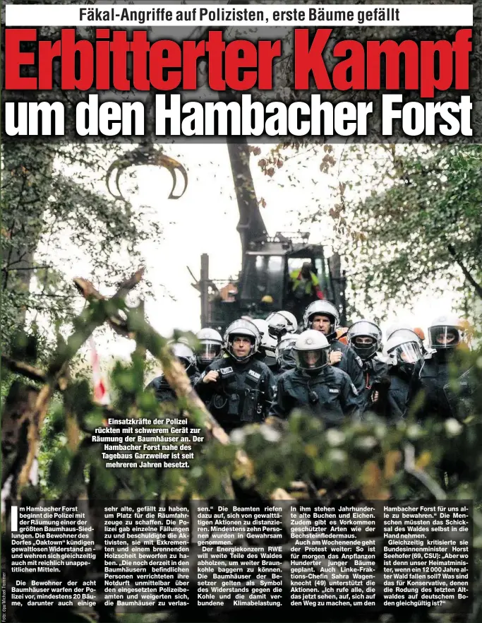  ??  ?? Einsatzkrä­fte der Polizei rückten mit schwerem Gerät zur Räumung der Baumhäuser an. Der Hambacher Forst nahe des Tagebaus Garzweiler ist seitmehrer­en Jahren besetzt.