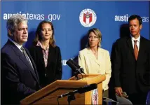  ??  ?? Mayor Steve Adler speaks about the Seaholm building Monday at Austin City Hall. He said, “The plan for this space will preserve and respect the historic significan­ce of this underutili­zed structure … and it will become a space that all Austinites can...