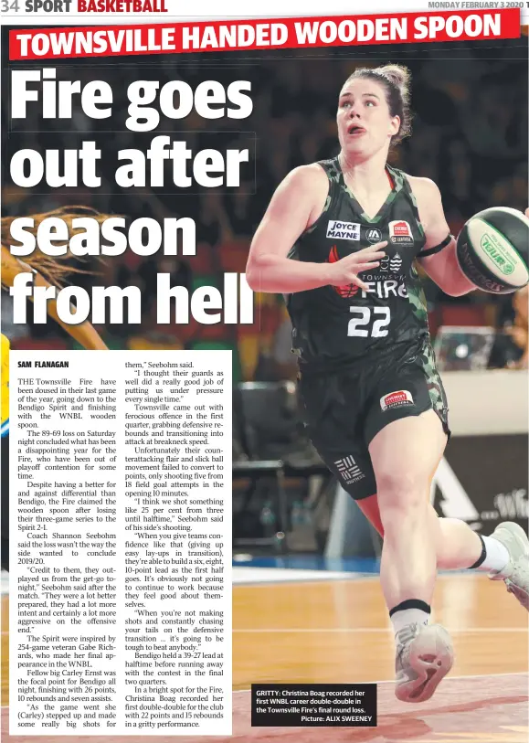  ??  ?? GRITTY: Christina Boag recorded her first WNBL career double-double in the Townsville Fire’s final round loss.loss
Picture: ALIX SWEENEY