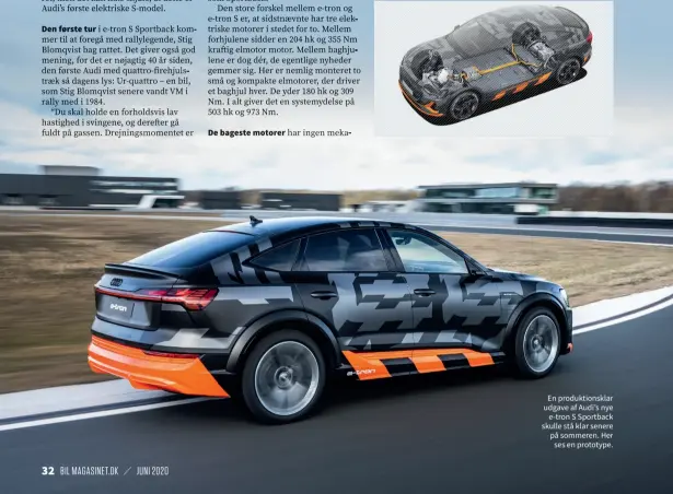  ??  ?? En produktion­sklar udgave af Audi’s nye e-tron S Sportback skulle stå klar senere på sommeren. Her ses en prototype.