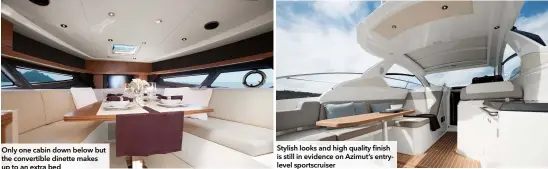  ??  ?? Only one cabin down below but the convertibl­e dinette makes up to an extra bed
Stylish looks and high quality finish is still in evidence on Azimut’s entrylevel sportscrui­ser