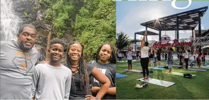  ?? COURTESY OF THE BATTERY COURTESY OF TAMARA CROCKETT COURTESY OF ALEXANDRA BARRAZA ?? Top left: Alexandra Barraza and her kids dance to a Zumba Kids workout.
Above left: Ashley Young and family plan to look into a domestic getaway after canceling their internatio­nal travel plans.
Above right: The Battery offers weekly yoga sessions in its lawn space as well as other wellness activities.