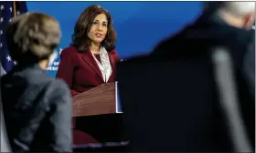 ?? ANDREW HARNIK — THE ASSOCIATED PRESS ?? Neera Tanden, who President-elect Joe Biden nominated to serve as Director of the Office of Management and Budget, speaks at The Queen theater on Tuesday in Wilmington, Del.