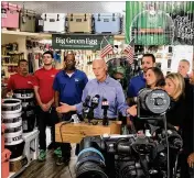  ?? GEORGE BENNETT / THE PALM BEACH POST ?? Gov. Rick Scott promotes the coming sales tax holiday on hurricane supplies on a visit Tuesday to Hall Hardware in West Palm Beach.