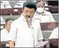  ?? ?? Tamil Nadu CM MK Stalin speaks in the state assembly, in Chennai on Friday.