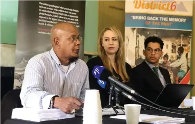  ?? PICTURE: MARVIN CHARLES ?? ACTION: District Six Working Committee leader Shahied Ajam and its lawyers brief the media on their Land Claims Court applicatio­n which seeks to interdict the State for failing to provide adequate restitutio­n.