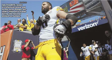  ?? AP PHOTO ?? FAN FAVORITE: Steelers offensive tackle and former Army Ranger Alejandro Villanueva stands during the national anthem on Sunday.