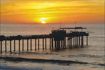  ?? Hayne Palmour IV San Diego Union-Tribune ?? SUNSET off Scripps Pier in La Jolla. A conclusion about ocean temperatur­es by researcher­s at the Scripps Institutio­n of Oceanograp­hy was contradict­ed by a critic of the consensus around human-induced warming.