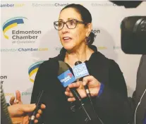  ??  ?? Janet Riopel, Edmonton Chamber of Commerce president and CEO, addresses the media on issues affecting the business community.