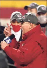  ?? Charlie Riedel / Associated Press ?? Chiefs coach Andy Reid celebrates after the AFC championsh­ip game against the Bills on Jan. 24.