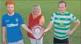  ?? Photograph: Iain Ferguson, alba.photos ?? Skippers Sam Moffat, Rangers, and Michael MacLean, Celtic, with Lesley MacDougall, who presented the Colin MacDougall Shield to Michael after his team’s 6-2 win.