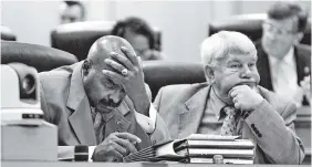  ?? THE ASSOCIATED PRESS ?? Rep. G.A. Hardaway, D-Memphis, left, and Rep. Jimmy Eldridge, R-Jackson, attend a House Finance Committee hearing in Nashville on Tuesday. The panel was taking up Gov. Bill Haslam’s proposal to boost transporta­tion funding in Tennessee.