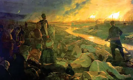  ??  ?? Il massacro di Batak (1889), un dipinto dell’artista e patriota bulgaro Antoni Piotrowski (1853-1924) sui crimini perpetrati dai dominatori turchi nel suo Paese