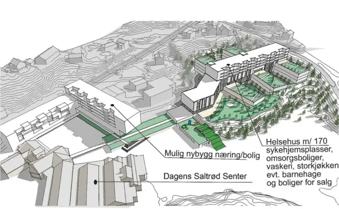  ?? ILL.: ARKI-TEK. ?? SALTRØD: En av perspektiv­skissene i mulighetss­kissen for nytt Helsehus – et stort bo- og omsorgssen­ter (sykehjem) for 150–200 pasienter/beboere – plassert rett i naerheten av Saltrød senter.