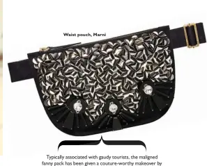  ??  ?? Typically associated with gaudy tourists, the maligned fanny pack has been given a couture-worthy makeover by Marni. We love its sleek, slim shape covered in stunning
crystals and paillettes. Wear with a luxe sweater.