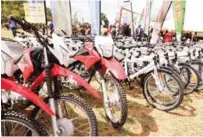  ?? ?? Some of the motor bikes and bicycles donated by the First Lady to the environmen­t monitors and Forestry Commission officers in Manicaland province at the Joint commemorat­ions of the Africa Environmen­t day, also known as Wangari Maathai Day, the World Wildlife Day, the Internatio­nal Day of Forests and the World Meteorolog­ical Day 2024 in Buhera yesterday