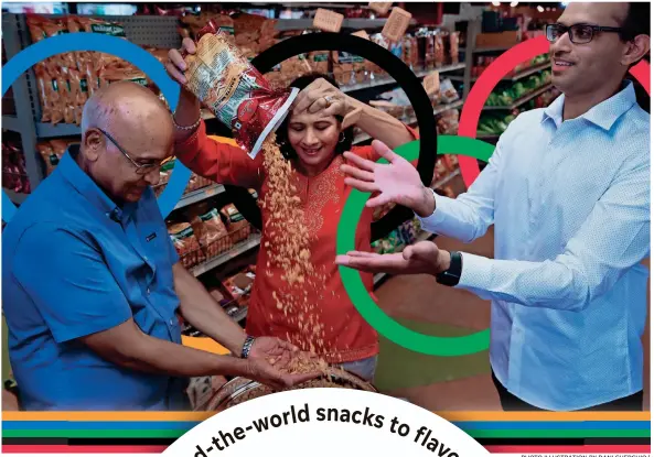  ?? ANGELA PETERSON, MILWAUKEE JOURNAL SENTINEL PHOTO ILLUSTRATI­ON BY DANI CHERCHIO/ USA TODAY NETWORK ?? Above: The Sanghavi family, from left, Dinesh, his wife Bharti and son Neil take a playful approach with snacks such as Haldiram’s, a combinatio­n of sweet and spicy chickpeas, flour noodles, rice flakes, green peas and peanuts, along with Parle-G cookies. They’re at their store, Indian Groceries and Spices.
