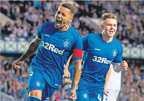  ?? Picture: SNS. ?? Rangers captain James Tavernier celebrates scoring a late penalty to make it 2-0.