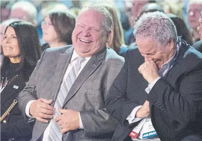  ?? CHRIS YOUNG THE CANADIAN PRESS ?? Ontario Premier Doug Ford jokes with his chief of staff, Dean French, at the Ontario PC convention on Saturday.