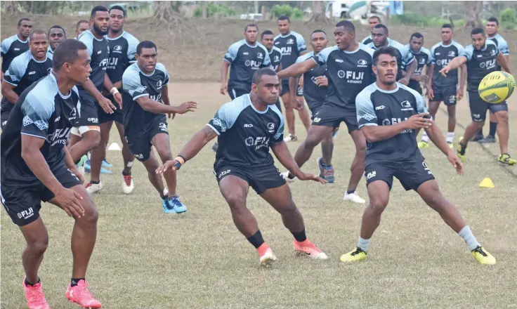  ??  ?? Fiji Airways Fijian Drua backs (left-right) Alivereti Veitokani, Levani Kurumudu and Jone Manu during training at Internatio­nal School Nadi on September 7, 2018. Photo: Waisea Nasokia