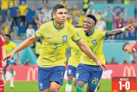  ?? AFP ?? Casemiro celebrates after scoring the winner for Brazil in their Group G match against Switzerlan­d at Stadium 974 on Monday.