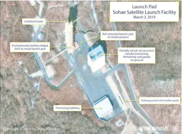  ??  ?? The Sohae Satellite Launching Station launch pad features what researcher­s of Beyond Parallel, a CSIS project, describe as showing the partially rebuilt rail-mounted rocket transfer structure in a commercial satellite image taken over Tongchang-ri, North Korea on March 2 and released March 5. — Reuters photo