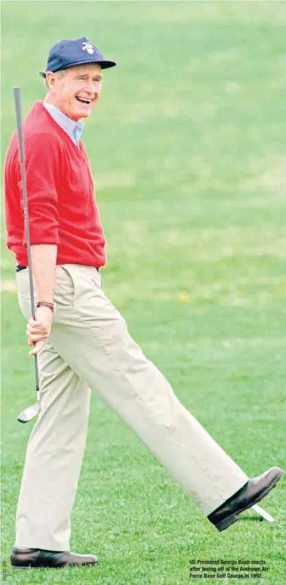  ??  ?? US President George Bush reacts after teeing off at the Andrews Air Force Base Golf Course in 1992.