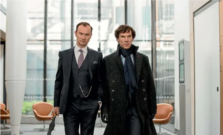  ??  ?? Mark Gatiss, left, pictured with Sherlock himself Benedict Cumberbatc­h, pulls double-duty on the show, not only co-creating, but also playing Mycroft Holmes.