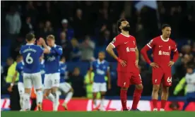  ?? Photograph: Lee Smith/Action Images/Reuters ?? Mohamed Salah looks to the skies after Dominic Calvert-Lewin scores Everton’s second goal.