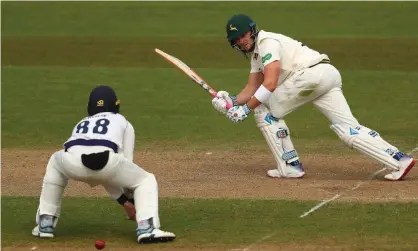  ??  ?? Nottingham­shire’s Joe Clarke plays through the leg side on his way to an unbeaten 97. The batsman is closing in on a second century of the match against Yorkshire. Photograph: Matthew Lewis/Getty Images