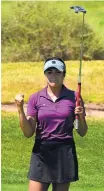  ?? GREG SORBER/JOURNAL ?? Emma Mesta-Garcia reacts after sinking a 17-foot putt during Monday’s NMWT round at Santa Ana Golf Club.