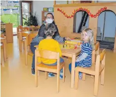  ?? FOTO: EVA WINKHART ?? Wenige Kinder pro Gruppe während der Notbetreuu­ng in den Kindertage­seinrichtu­ngen: Diese beiden haben ihre Erzieherin ganz für sich allein.